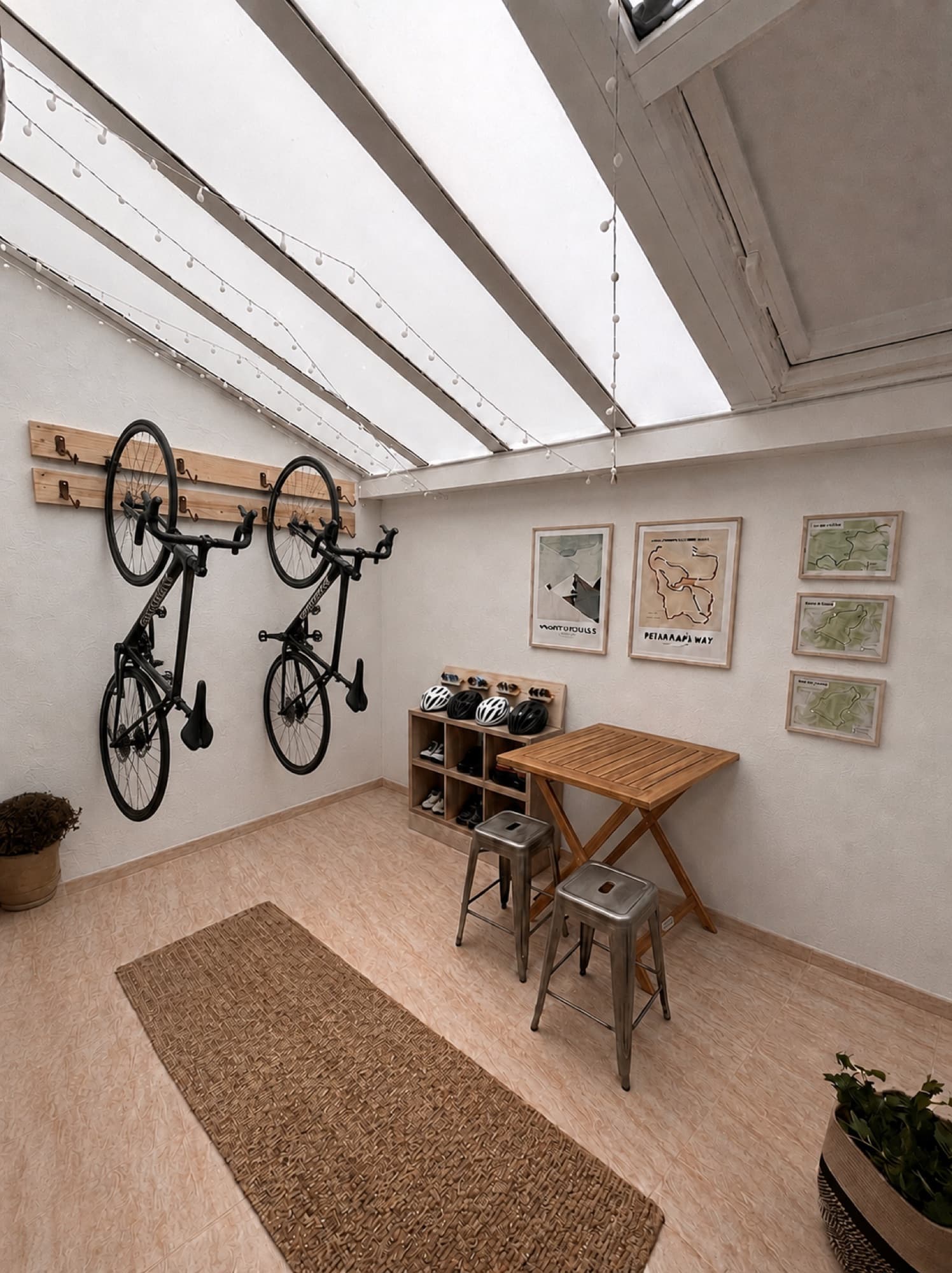 The indoor bike room with wall-mounted racks and route maps